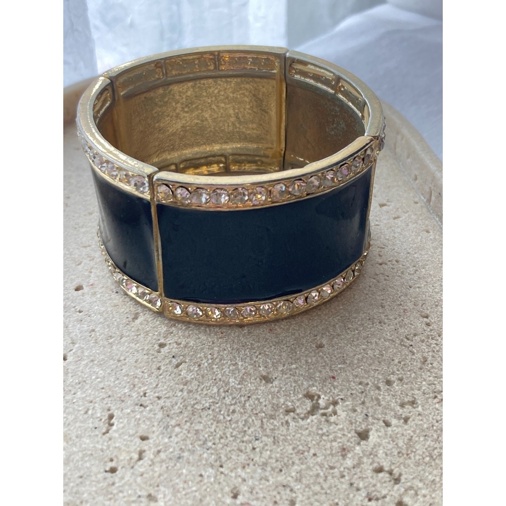 Wide Stretch Clamper Cuff Bracelet Black Enamel Gold Tone Rhinestone Trim Chunky